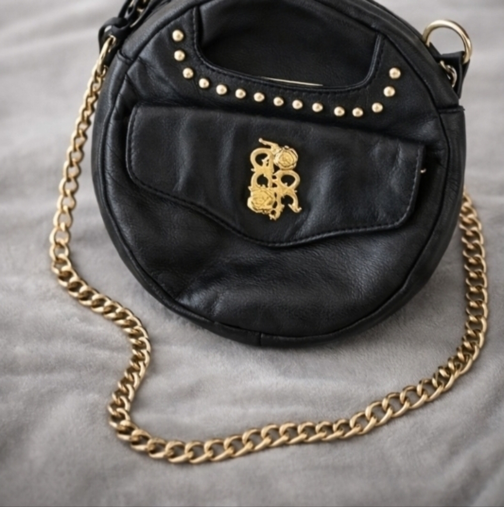 Black Studded Crossbody Bag Gold Chain Rose Crest Beautiful